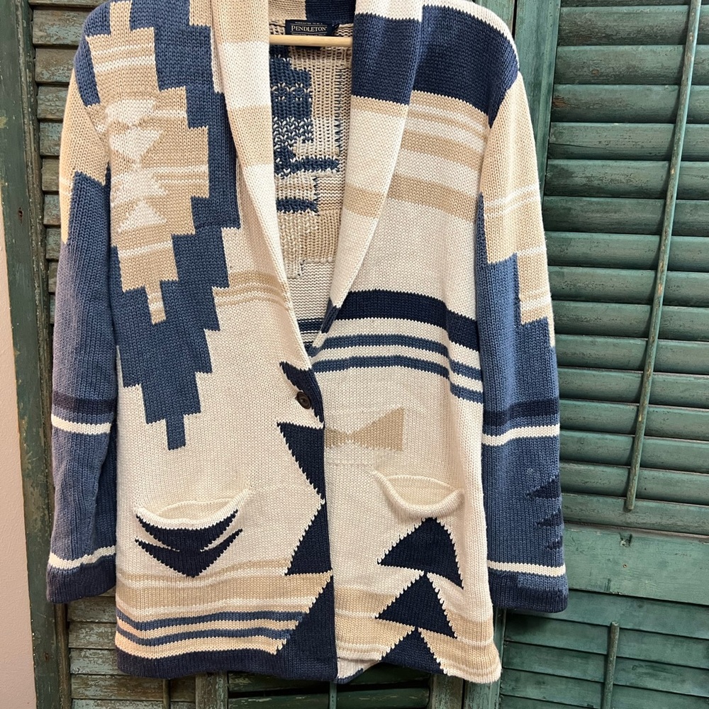 Pendleton Blue and Cream Aztec Geometric south western Cardigan - Picture 2 of 4